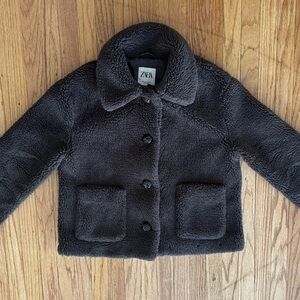 ZARA Short Teddy Coat – Dark Brown – Size M